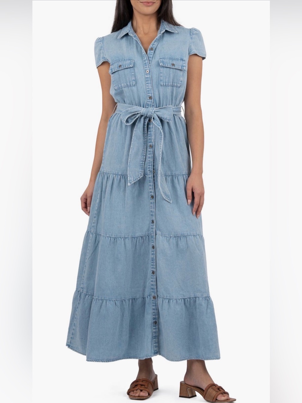 Kut from the Kloth Light Blue Denim Tiered Button-Front Maxi Dress